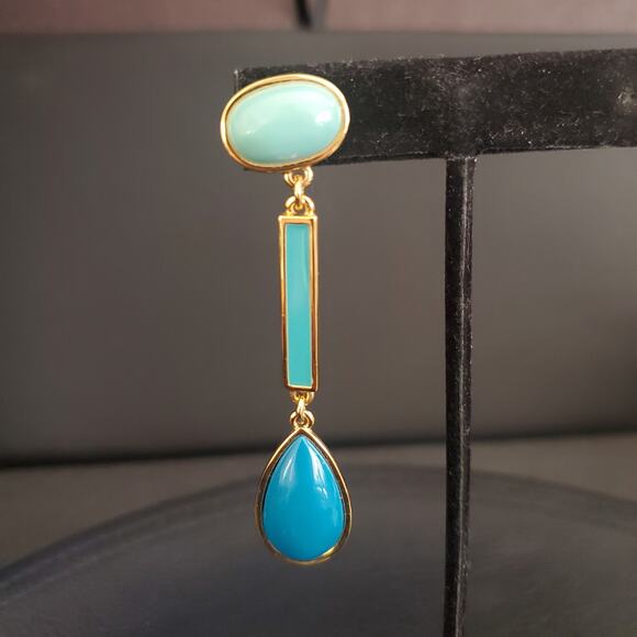 Trina Turk Long Dangle Earrings Gold Plated Shades of Blue Green - Picture 1 of 5